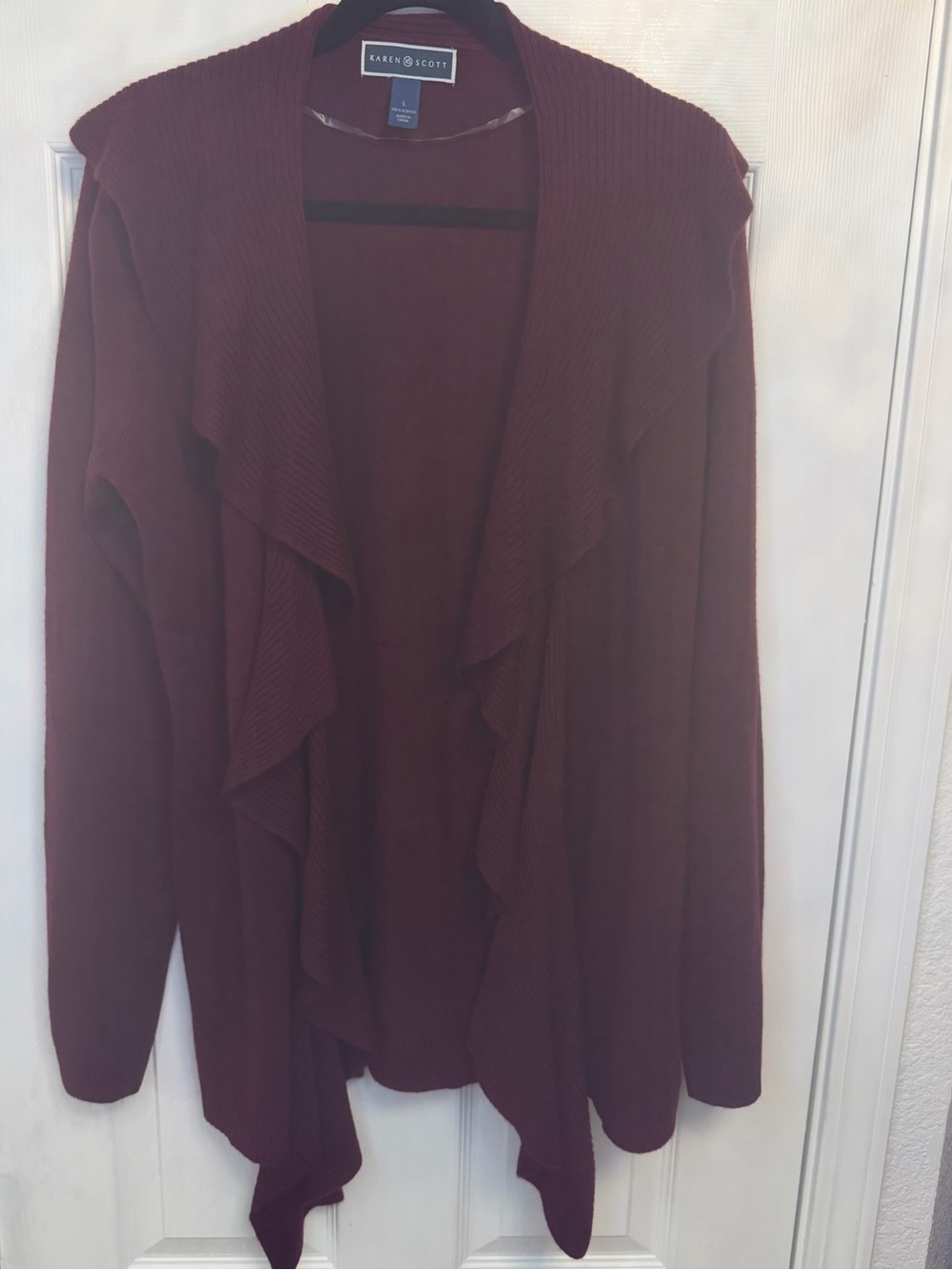 Karen Scott Burgundy Ruffle Front Cardigan Sweater Large Maroon Open Drape EUC